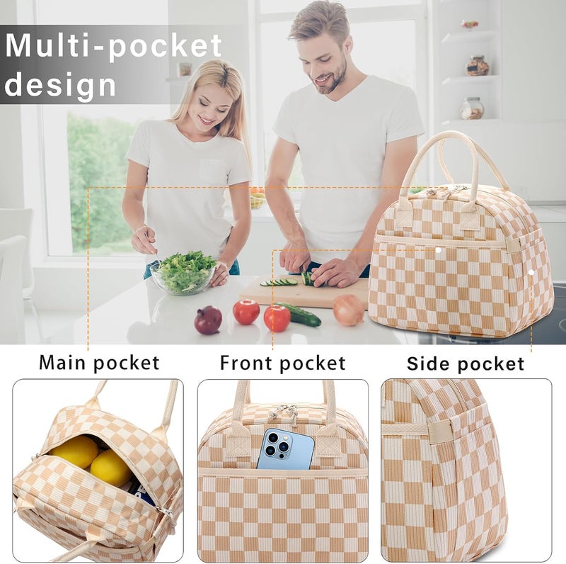 Carry bloom Lunch Box for Women, Insulated Lunch Bag Cute Corduroy Lunchbag Reusable Lunchbox for Work (checkered brown white) - Image 2